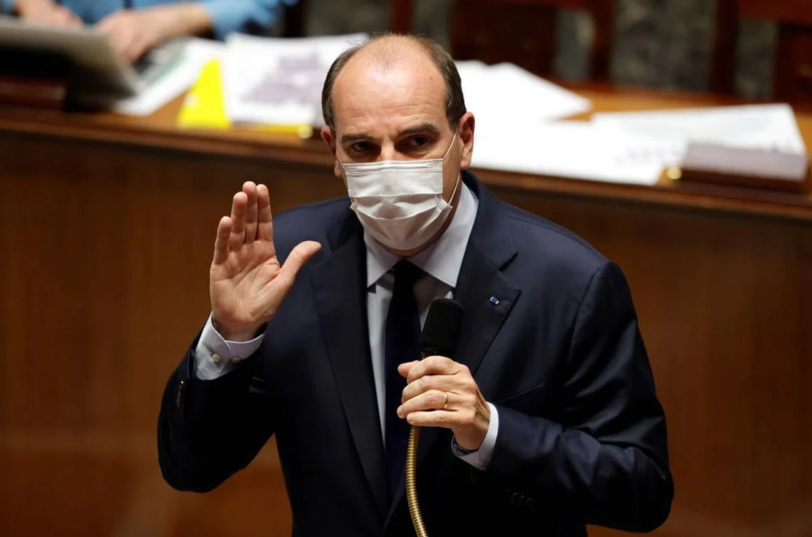 French Prime Minister Jean Castex, wearing a protective face mask, gestures as he speaks during the questions to the government session at the National Assembly in Paris, France. (File/AFP)