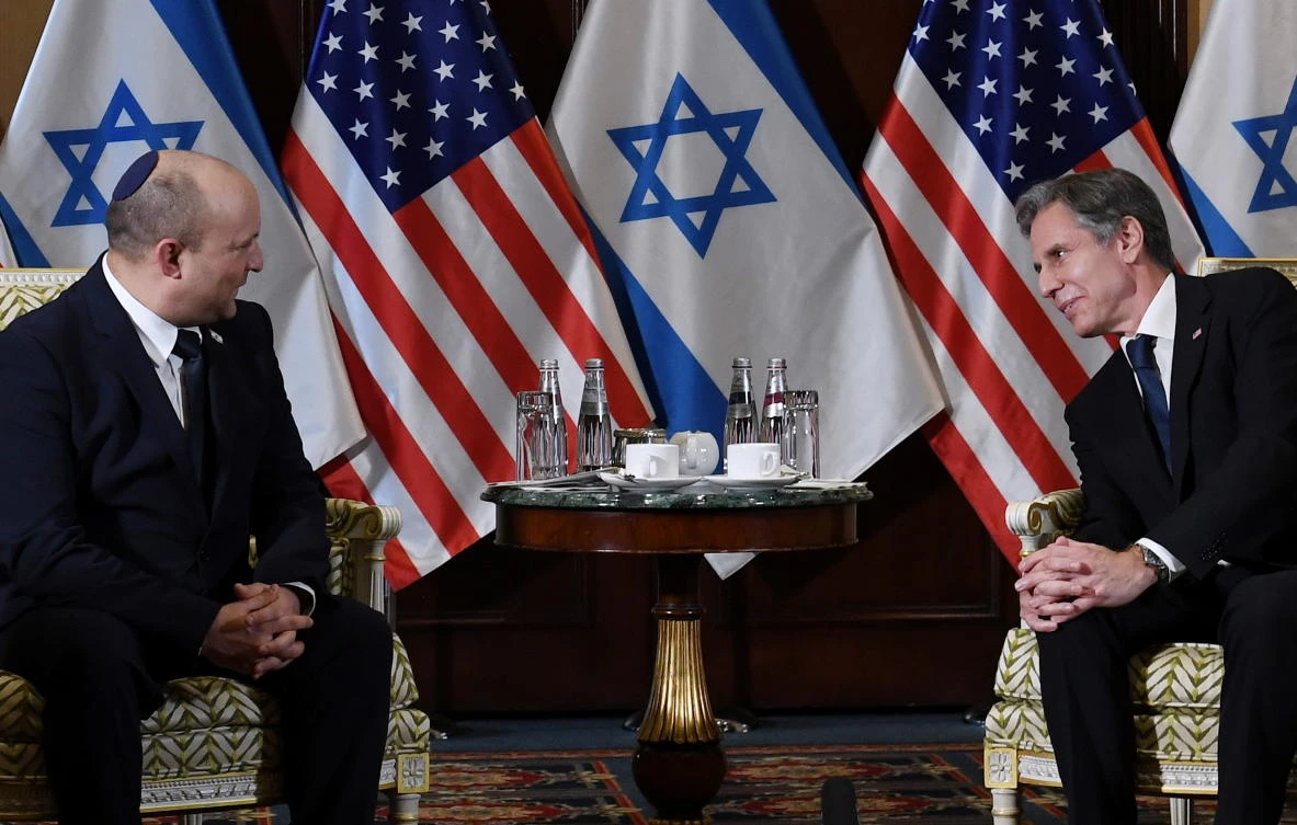 US Secretary of State Antony Blinken meets with Israeli Prime Minister Naftali Bennett at the Willard Hotel in Washington on Wednesday. (Reuters)