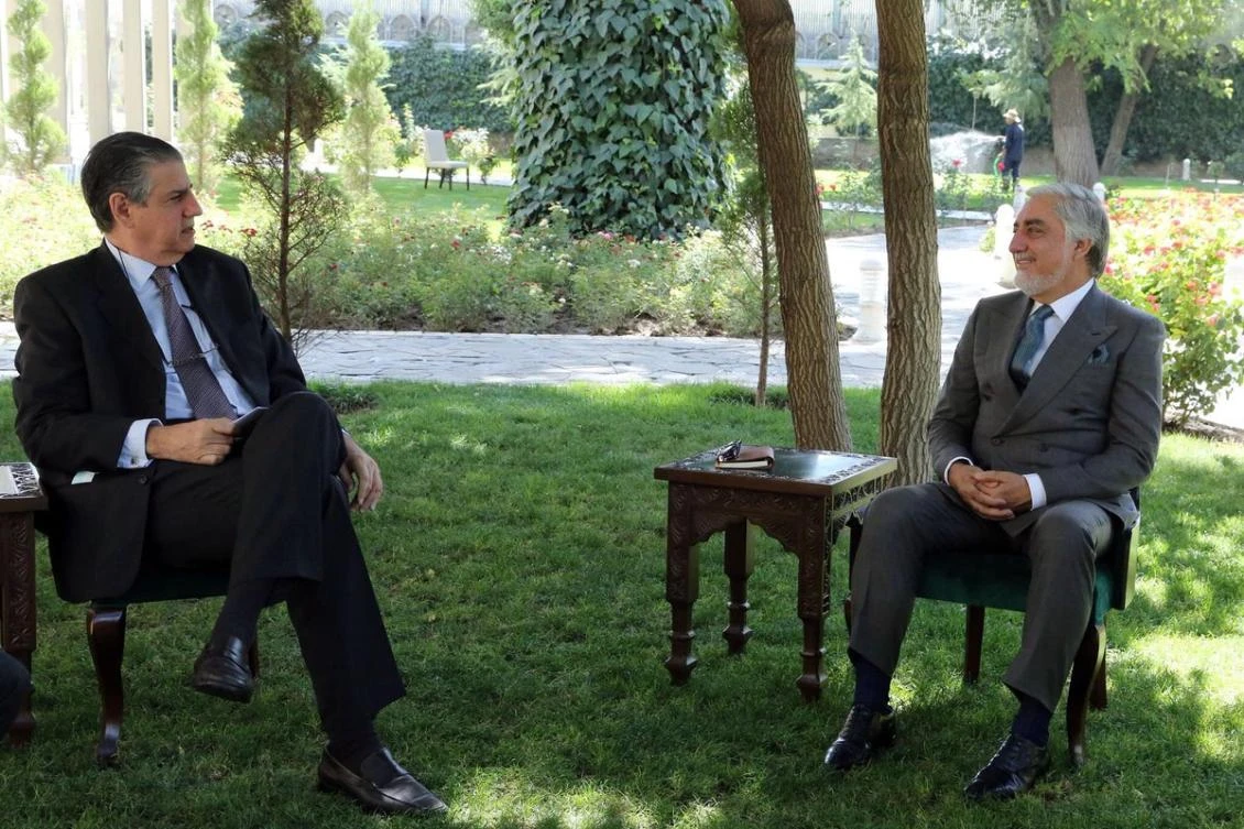 Stefano Pontecorvo, left, NATO’s senior civil representative to Afghanistan, meeting with Afghan politician Abdullah Abdullah, was on the last Italian flight out of Kabul. (Twitter Photo)