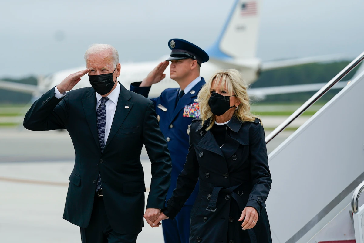 President Joe Biden returns a salute as he and first lady Jill Biden arrive at Dover Air Force Base, Del., Sunday, Aug. 29, 2021. (AP)
