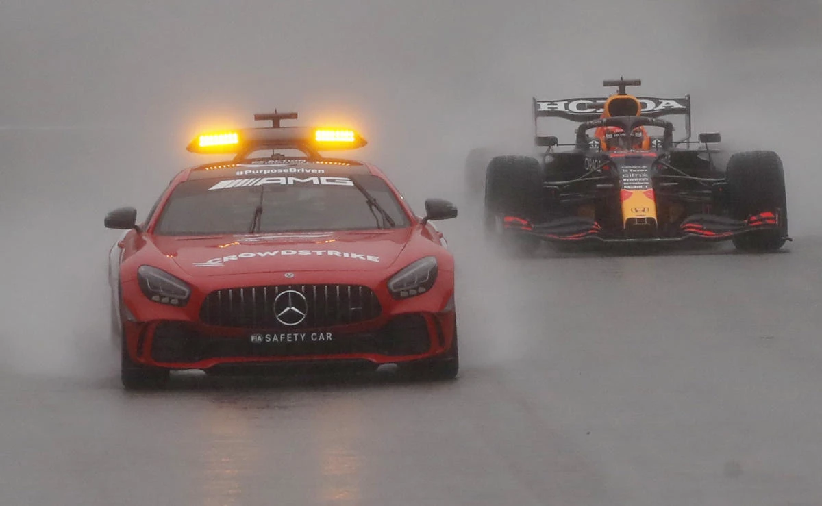 The safety car followed by Red Bull's Max Verstappen during the Belgian Grand Prix. (Reuters)