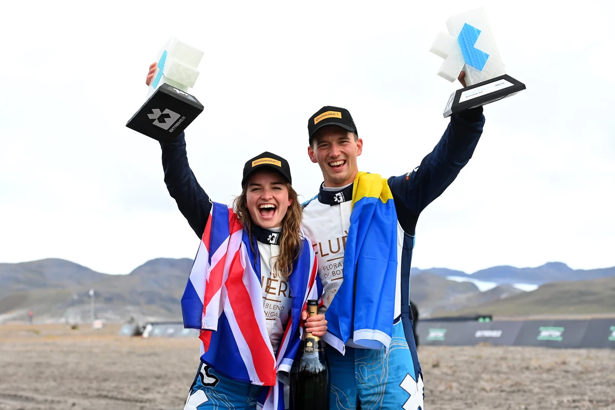 Catie Munnings and Timmy Hansen celebrate winning the Arctic X Prix in Greenland. (Extreme E)