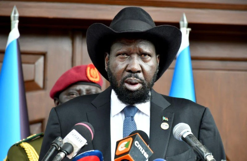 South Sudan's President Salva Kiir addresses the nation at the State House in Juba, South Sudan July 9, 2021. (Reuters)