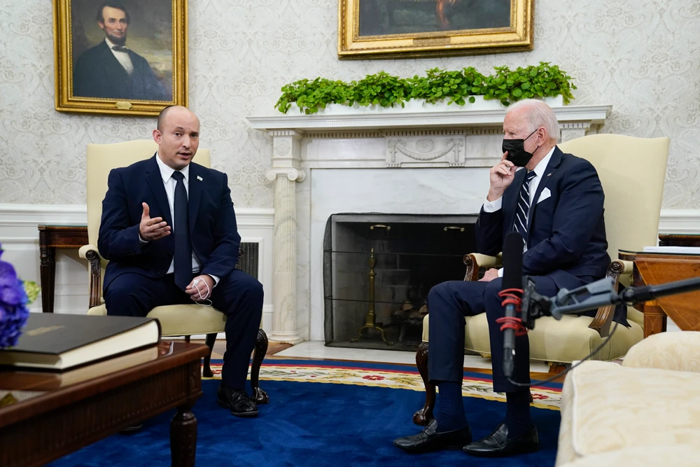 Israeli Prime Minister Naftali Bennett and US President Joe Biden in the Oval Office of the White House, Washington, Friday, Aug. 27, 2021. (AP Photo)