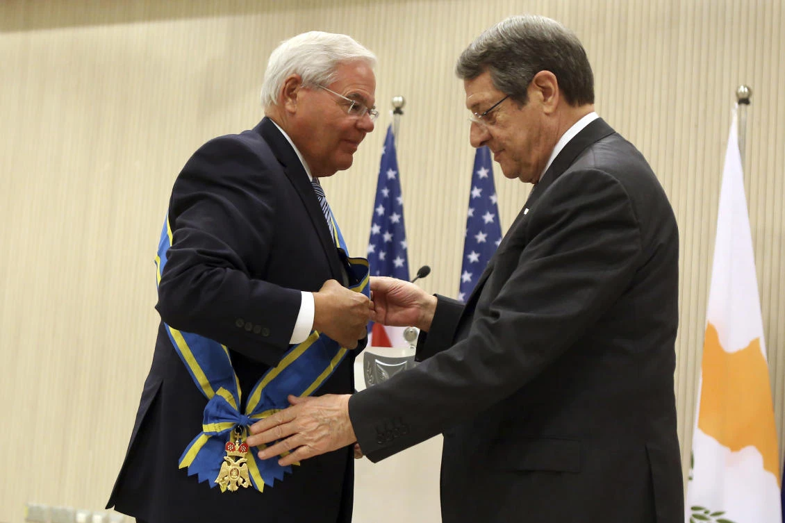 US Senate Foreign Relations Committee Chairman Robert Menendez receives Cyprus’ President Nicos Anastasiades in Nicosia. A Cypriot official said Tuesday Pope Francis might visit Cyprus and hold talks with Anastasiades in December. (AP)