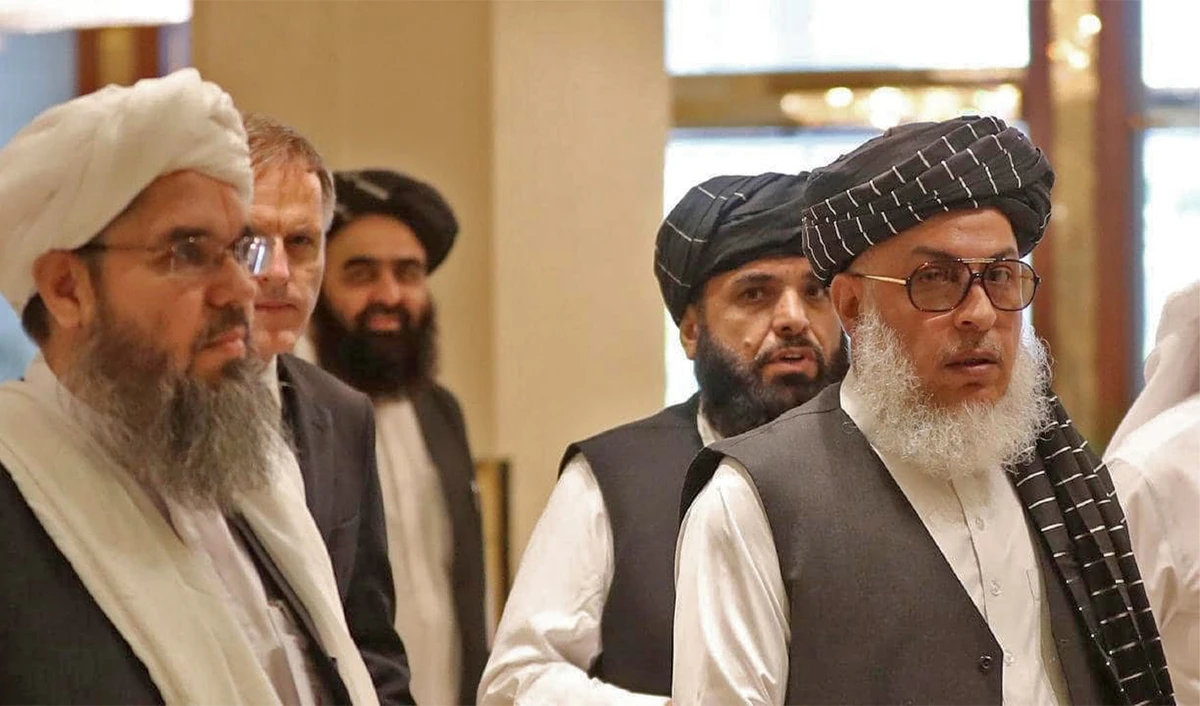 Head of Taliban’s Political Office, Sher Mohammad Abbas Stanekzai (first right), arrives for Intra Afghan Dialogue talks in the Qatari capital, Doha, on July 7, 2019. (AP/File)