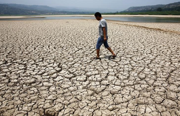 A man walks through the dried-up bed of a reservoir in Sanyuan county, Shaanxi province, July 30, 2014. (Reuters)