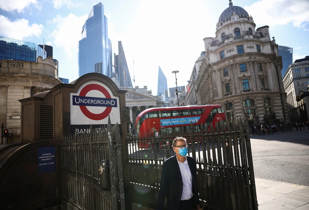 A person exits Bank underground station during morning rush hour, amid the COVID-19 pandemic in London, Britain, July 29, 2021. (Reuters)