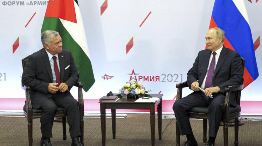 Vladimir Putin, right, and King Abdullah at the International Military Technical Forum Army-2021 in Alabino, outside Moscow, Russia. (AP Photo)