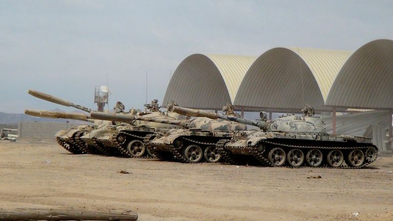 Tanks in position at Al-Anad Air Base in the southern province of Lahej, Yemen. (AP Photo)