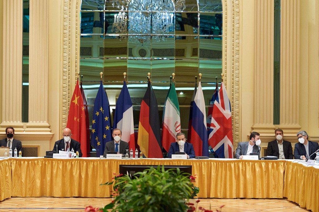 Delegation members from the parties to the Iran nuclear deal attend a meeting at the Grand Hotel of Vienna as they try to restore the deal. (File/AFP)