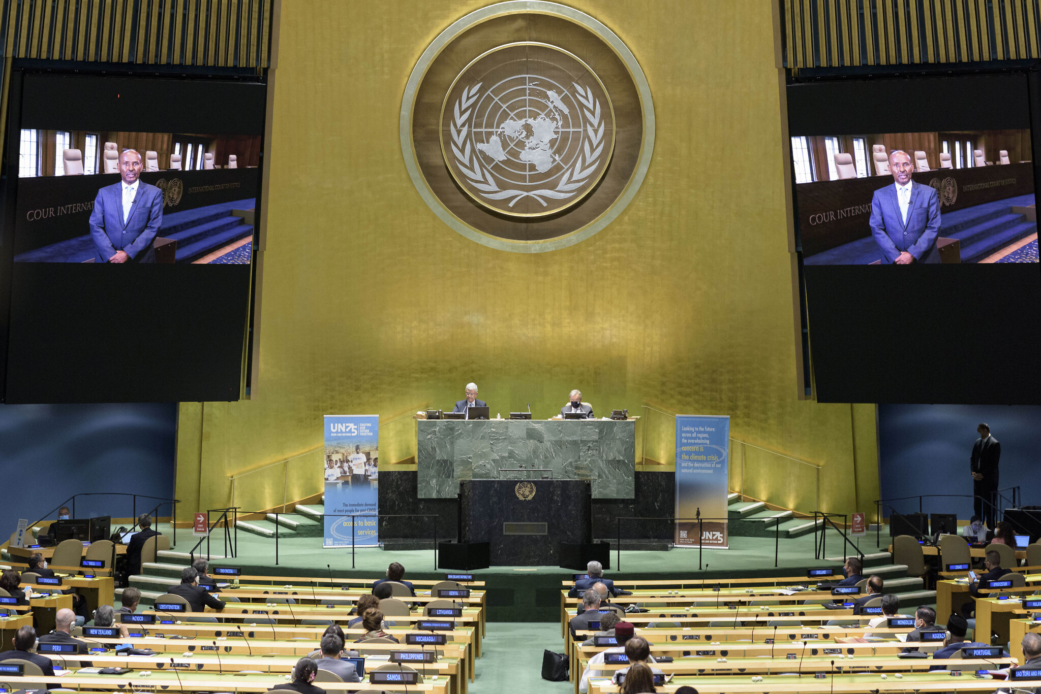 President of the ICJ Judge Abdulqawi Ahmed Yusuf addresses the UNGA on the 75th anniversary of the UN, Sept. 21, 2020. (AP Photo)