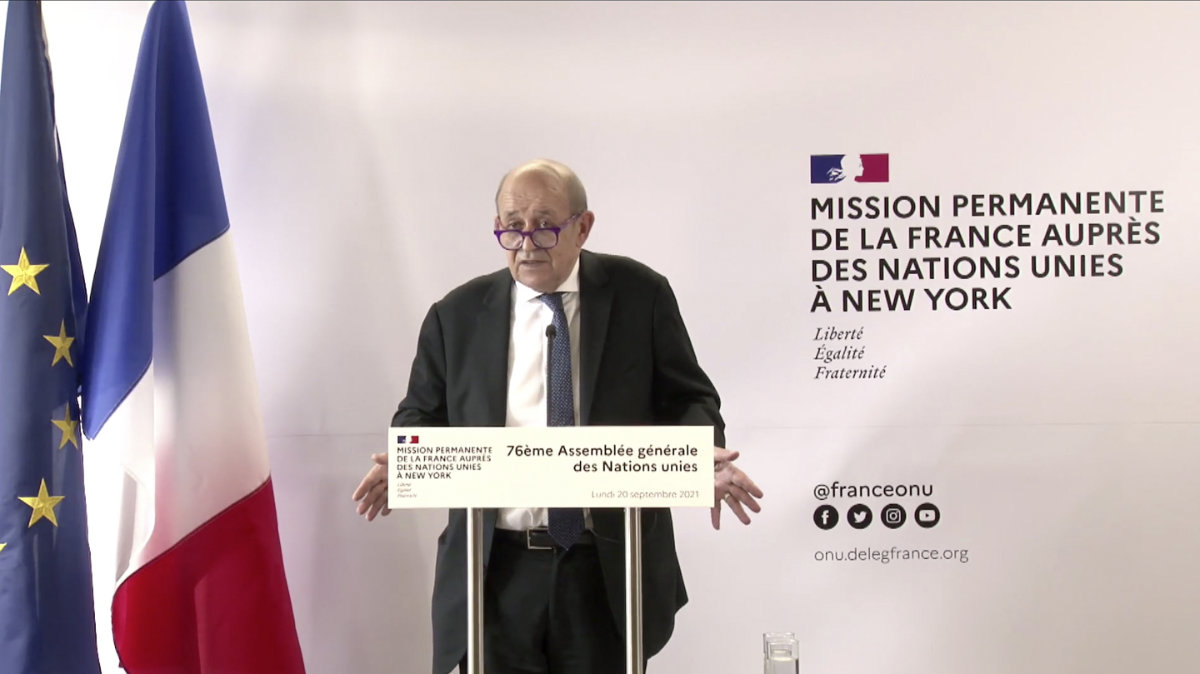 France's Foreign Minister Jean-Yves Le Drian speaks during a news conference on Sept. 20, 2021, in New York about his country's scuppered submarine deal with Australia. (AP)