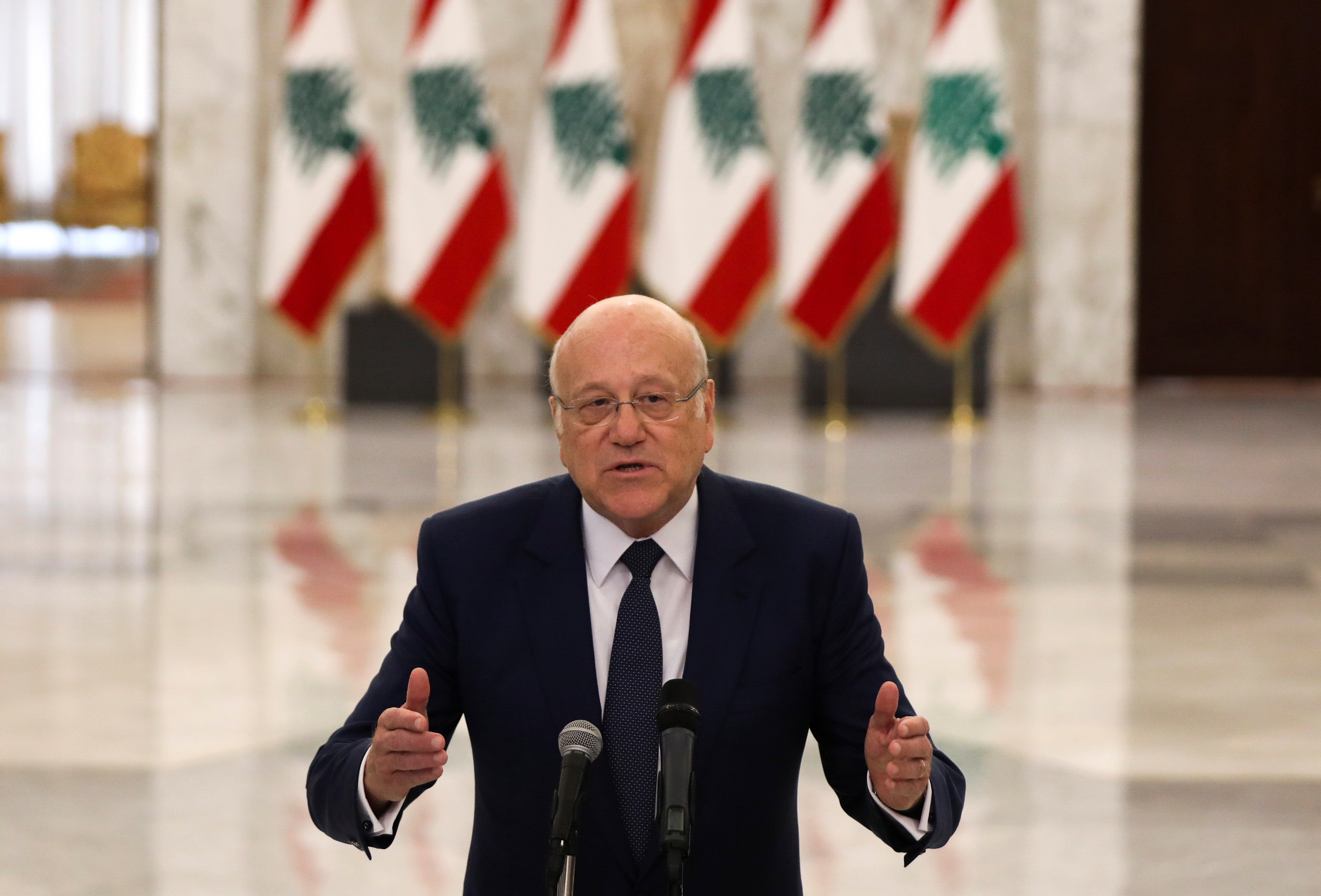 Lebanon’s new Prime Minister Najib Mikati at the presidential palace in Baabda, Lebanon, July 26, 2021. (Reuters)