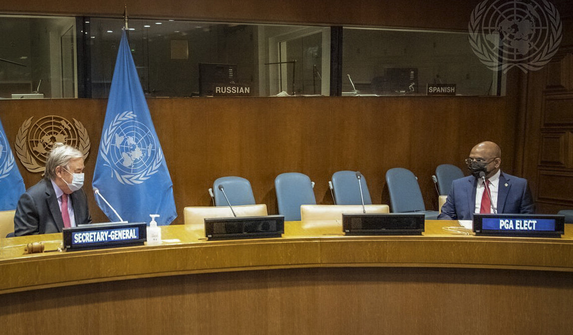 UN Secretary-General Antonio Guterres, left, meets with Abdulla Shahid, president-elect of the S76th Session of the UN General Assembly, on Sept. 14, 2021 at UN headquarters. (UN Photo via AP)