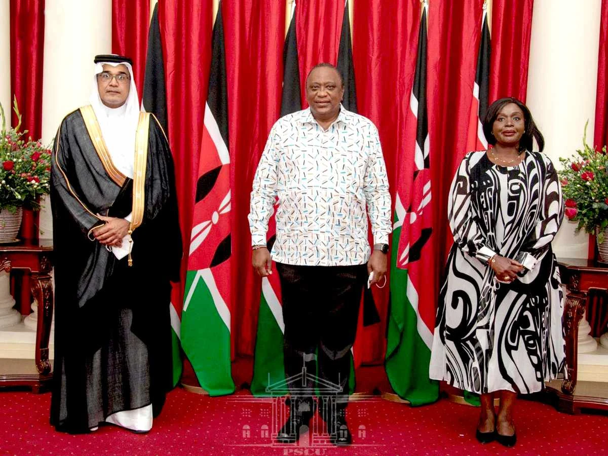 Saudi Ambassador Khalid bin Abdullah Al-Salman, left, after presenting his credentials to the Kenyan President Uhuru Kenyatta. (SPA)