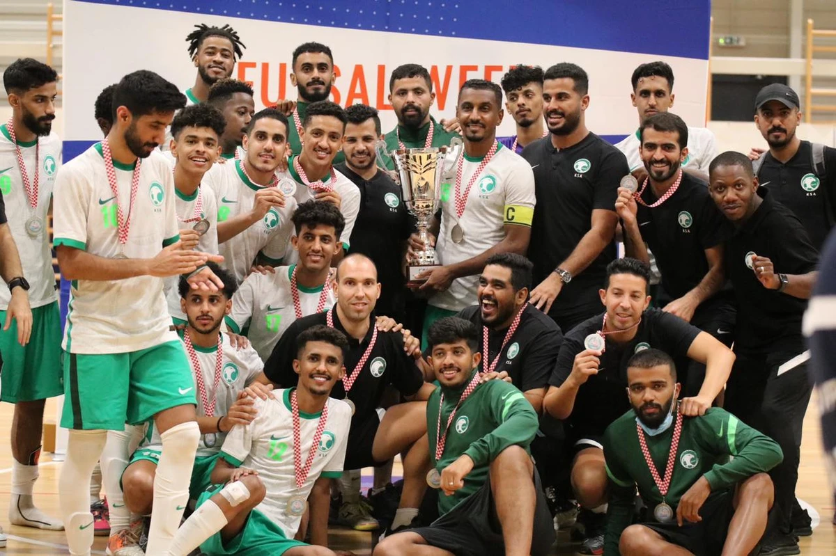 Saudi Arabia's players and staff celebrate taking silver at Futsal Week Summer Cup 2021 in Croatia. (SAFF)