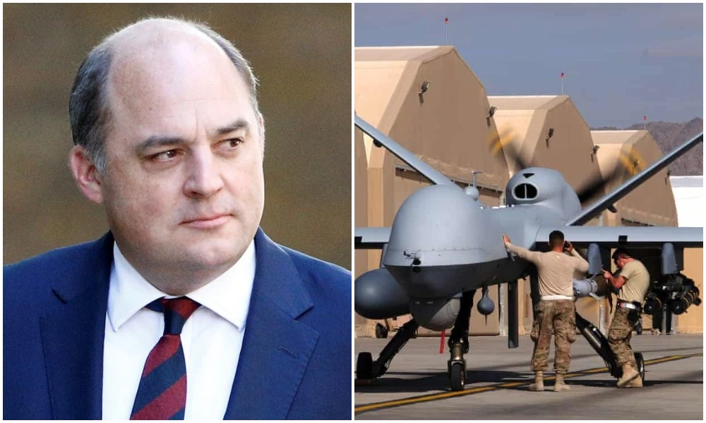 Ben Wallace (L) made the comments on a visit to a British factory producing a fleet of 16 Protector drones for the UK’s military. (Reuters/File Photos)