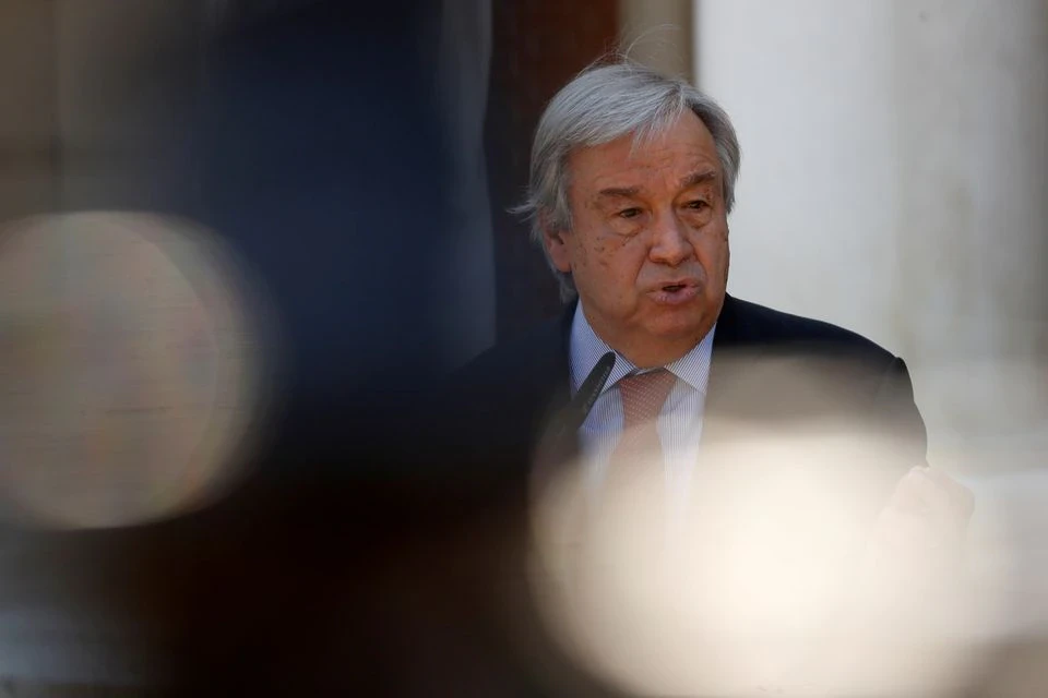 U.N. Secretary-General Antonio Guterres speaks during a news conference before a meeting with Spain's Prime Minister Pedro Sanchez at Moncloa Palace in Madrid, Spain, July 2, 2021. (REUTERS)