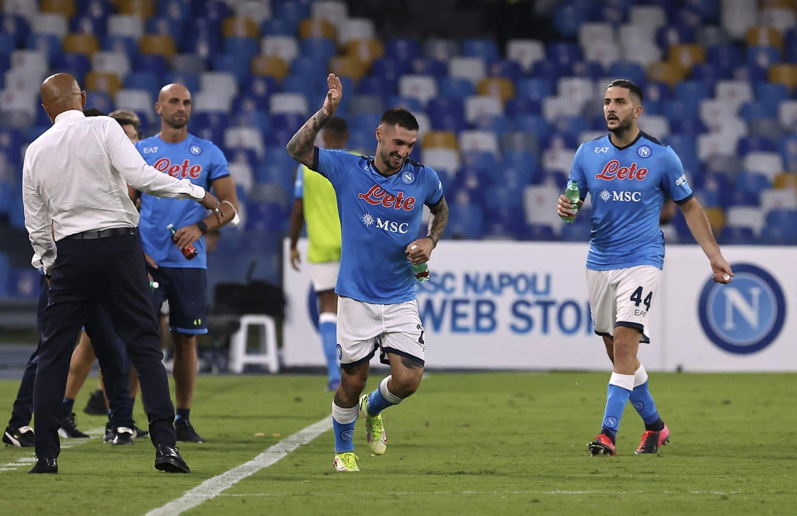 Napoli’s Matteo Politano celebrates scoring their first goal against Juventus at Stadio Diego Armando Maradona in Naples on Saturday. (Reuters)
