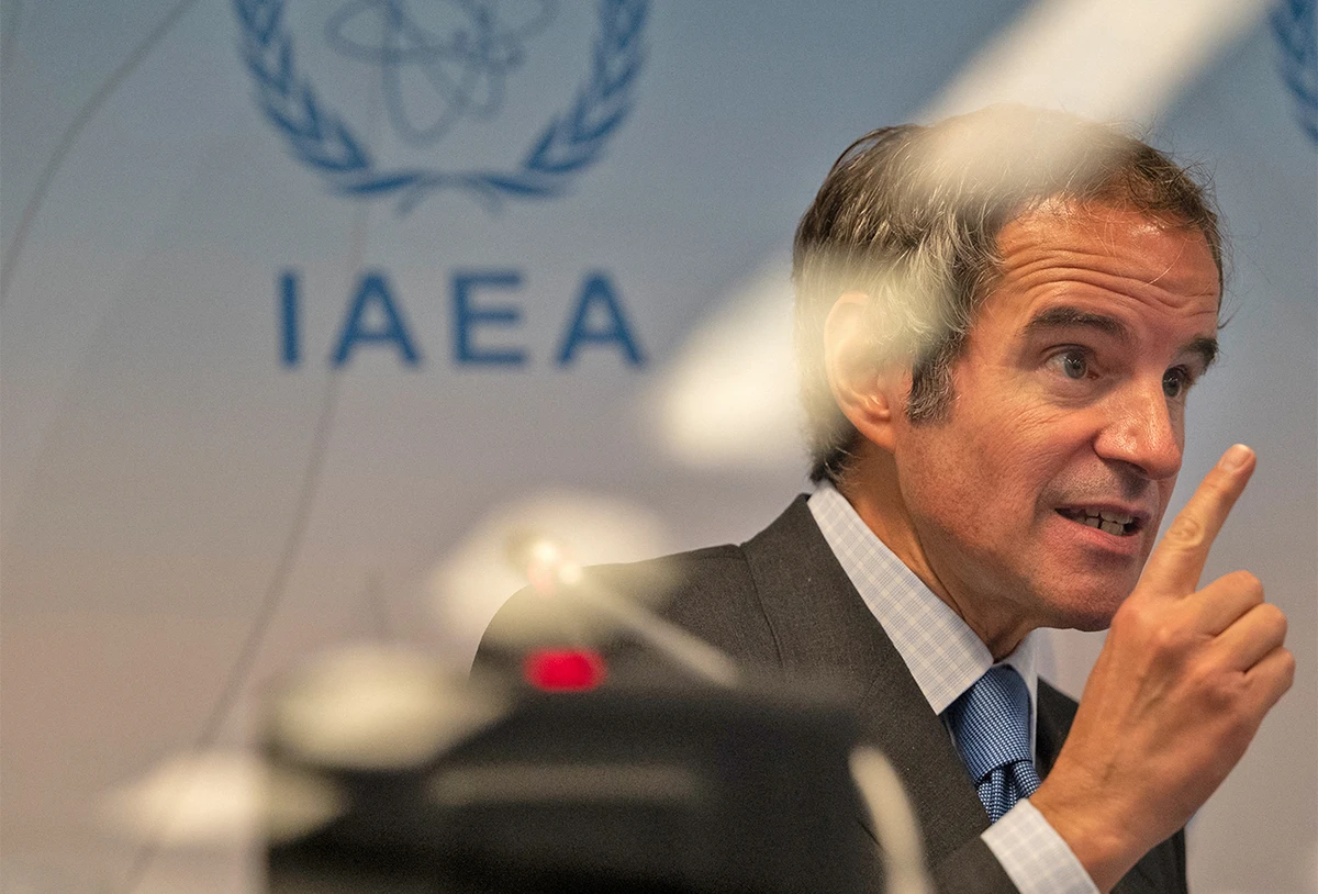 Rafael Grossi, Director General of the International Atomic Energy Agency (IAEA), speaks to journalists after the IAEA Board of Governors meeting in Vienna, Austria, on June 7, 2021. (AFP/File)