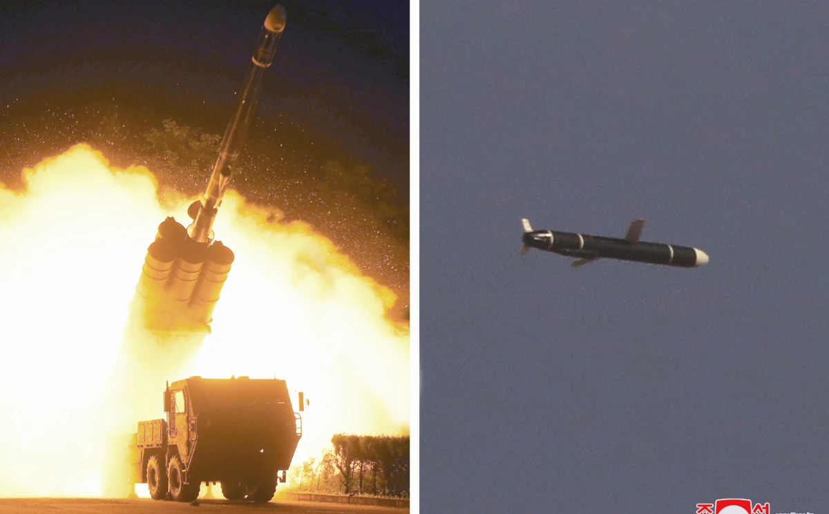 This combination of photos provided by the North Korean government on Monday, Sept. 13, 2021, shows long-range cruise missiles tests held on Sept. (AP)
