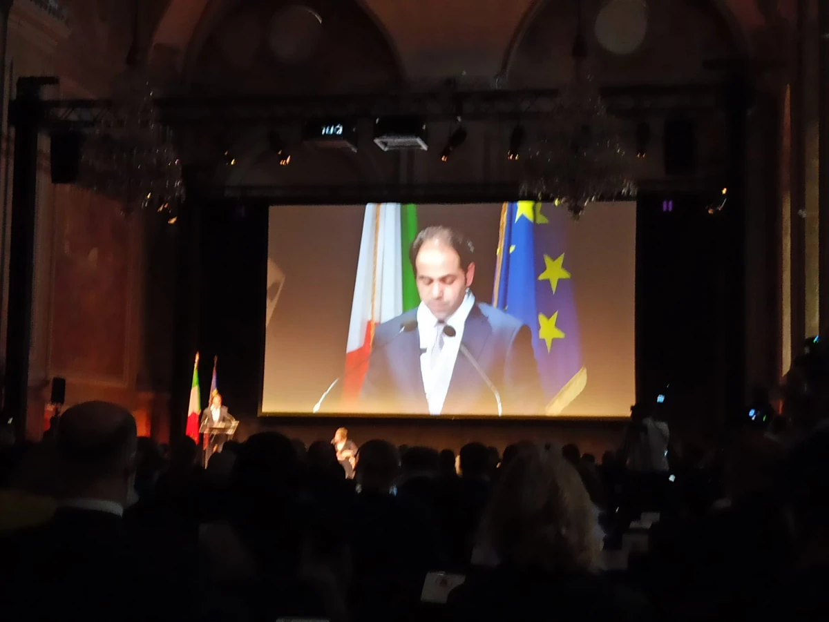 Higher Committee of Human Fraternity (HCHF) Secretary-General Judge Mohamed Abdelsalam speaking about promoting human fraternity at the G20InterfaithForum closing ceremony. (Twitter @m_abdelsallam)
