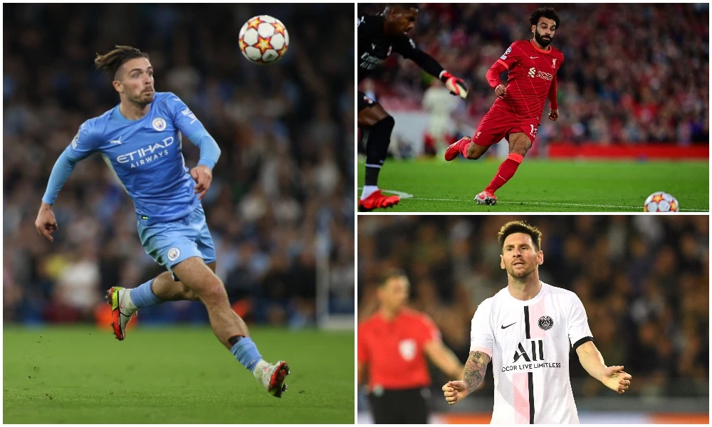 Jack Grealish (L) scored and set up City's first goal; Mohamed Salah levelled the scores at 2-2 for Liverpool (Top, R) while Lionel Messi finally made his first start for PSG. (Reuters/AFP)