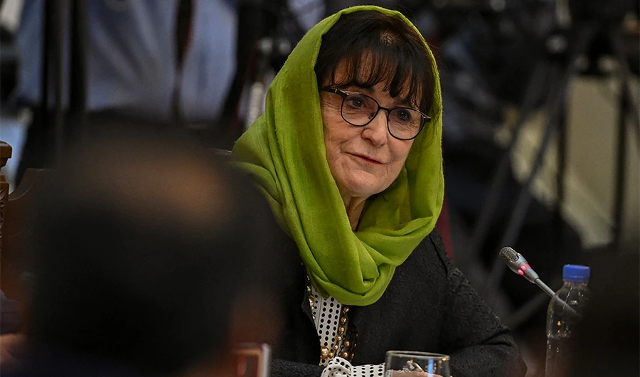 United Nations Assistance Mission in Afghanistan (UNAMA) head Deborah Lyons gestures during a meeting in Kabul on July 28, 2021. (AFP/ File)