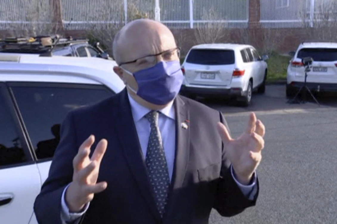 In this image made from video, recalled French Ambassador to Australia Jean-Pierre Thebault speaks before the media in Canberra, Australia, Saturday, Sept. 18, 2021. (AP)
