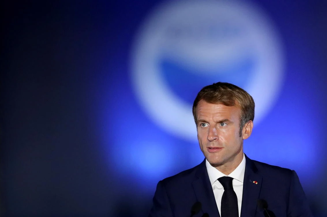 French President Emmanuel Macron looks on while delivering a statement during the 8th MED7 Mediterranean countries summit, in Athens, Greece, September 17, 2021. (File/Reuters)