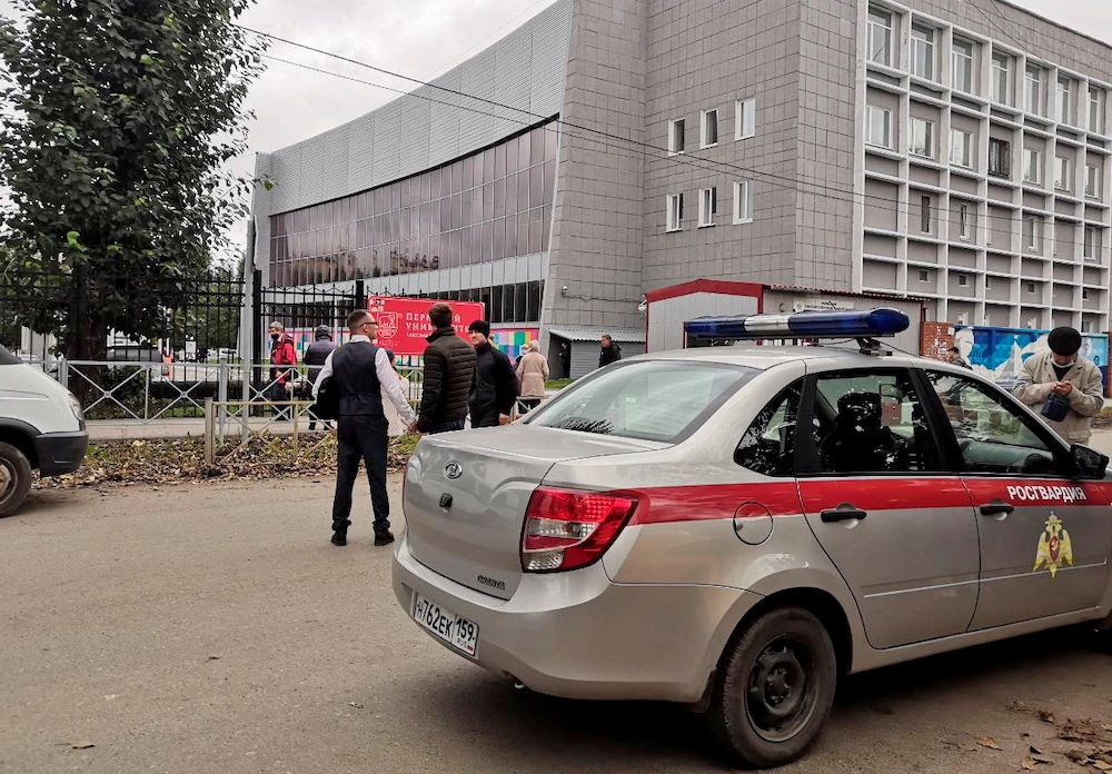 A car of Russia’s National Guard at the scene after a gunman opened fire at the Perm State University in Perm on Sept. 20, 2021. (Reuters)