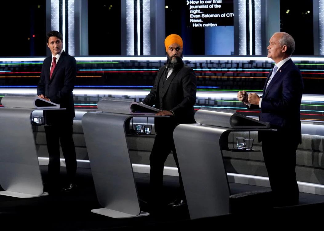 Liberal Leader Justin Trudeau, NDP Leader Jagmeet Singh and Conservative Leader Erin O’Toole take part in the federal election English-language Leaders debate in Gatineau, Canada on September 9. (Reuters)