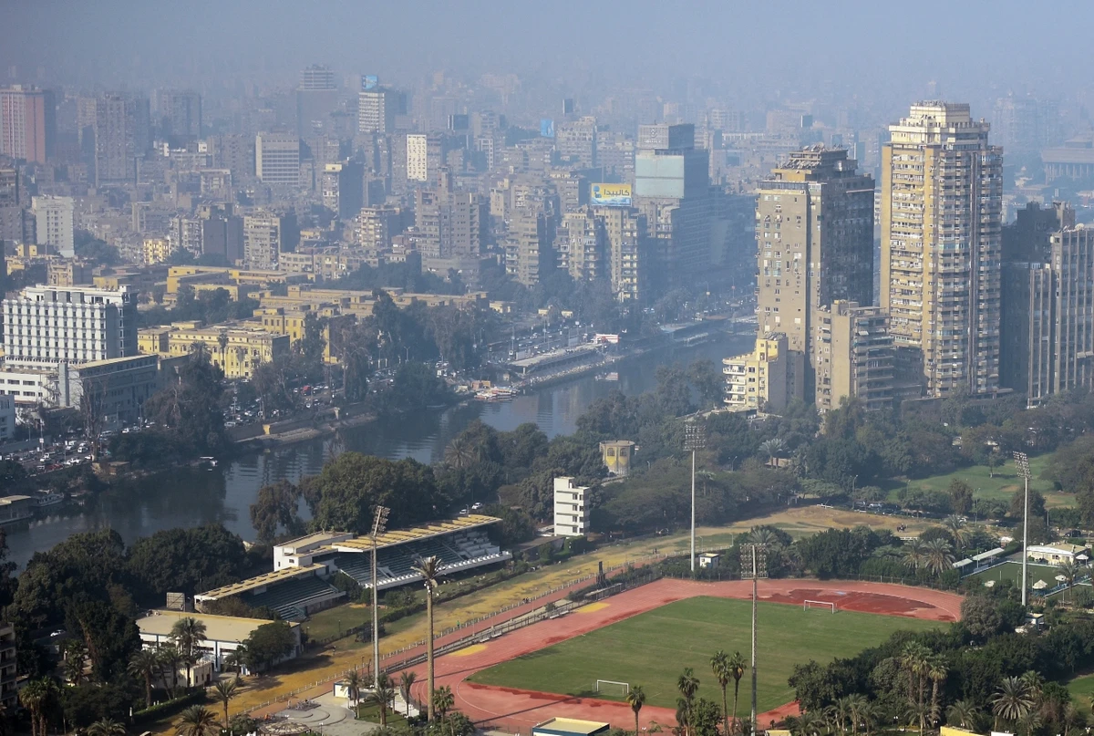 A picture taken on December 17, 2017 shows a football pitch in the Nile of island of Zamalek in the heart of the Egyptian capital Cairo, as seen from the Cairo Tower, with the skyline of the twin city of Giza appearing in the background. (File/AFP)