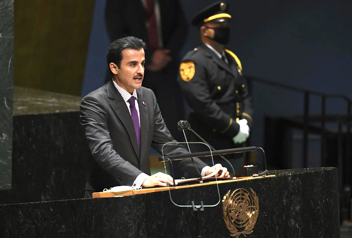 Sheikh Tamim bin Hamad Al Thani (left), Amir, of Qatar addresses the 76th Session of the U.N. General Assembly at United Nations headquarters in New York, U.S., on September 21, 2021. (AP)