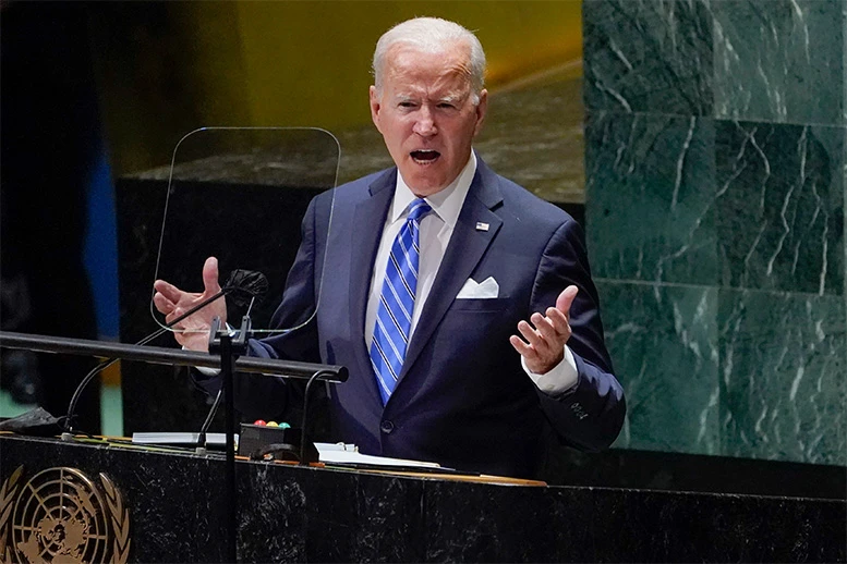 US President Joe Biden delivers remarks to the 76th Session of the United Nations General Assembly, Tuesday, Sept. 21, 2021, in New York. (AP)