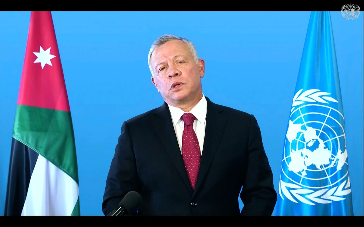 King Abdullah II of Jordan, remotely addresses the 76th session of the UN General Assembly in a pre-recorded message, Wednesday, Sept. 22, 2021, at UN headquarters. (AP)