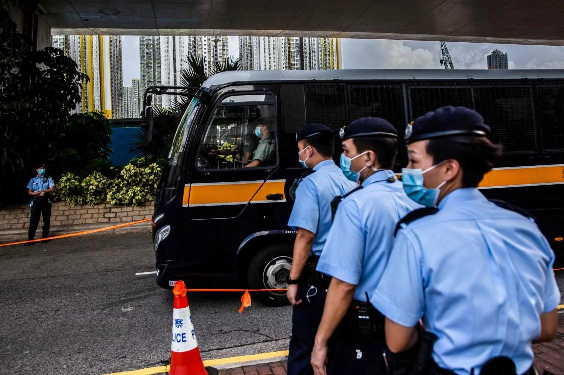 A prison van arrives at West Kowloon court in Hong Kong on September 23, 2021, where 47 pro-democracy defendents appear in court charged with conspiracy to commit subversion under the Beijing enacted national security law. (AFP)