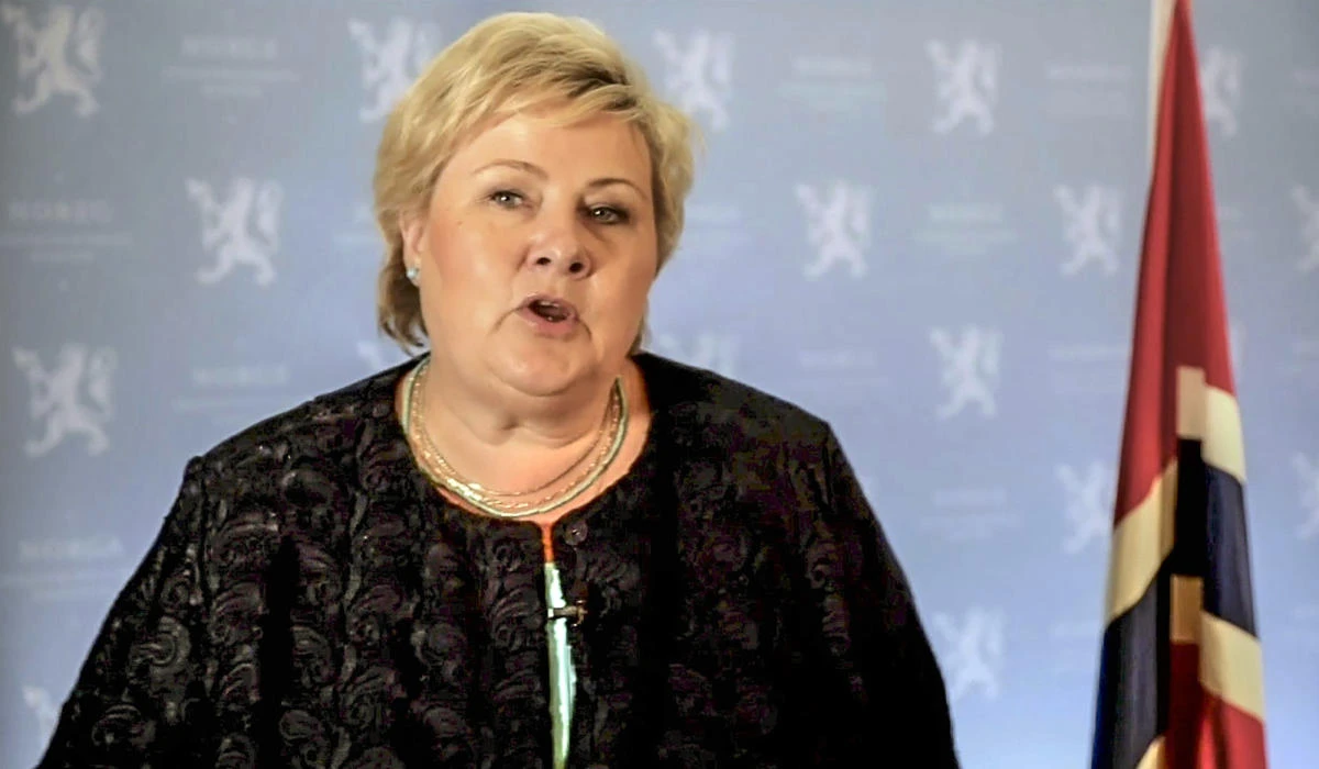 In this photo taken from video shown at United Nations headquarters, Norway's outgoing Prime Minister Erna Solberg remotely addresses the 76th session of the U.N. General Assembly, Wednesday Sept. 22, 2021. (AP)