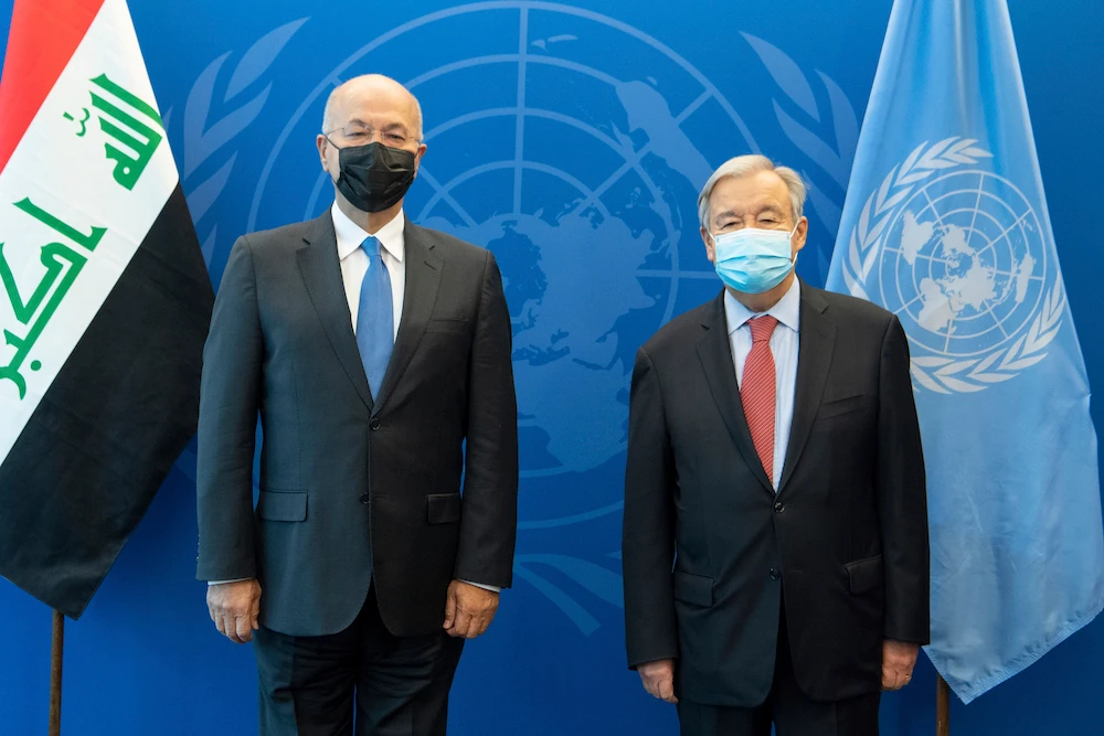 United Nations Secretary-General Antonio Guterres (R), and Barham Salih, President of the Republic of Iraq, meeting during the the 76th session of the UNGA. (AP)