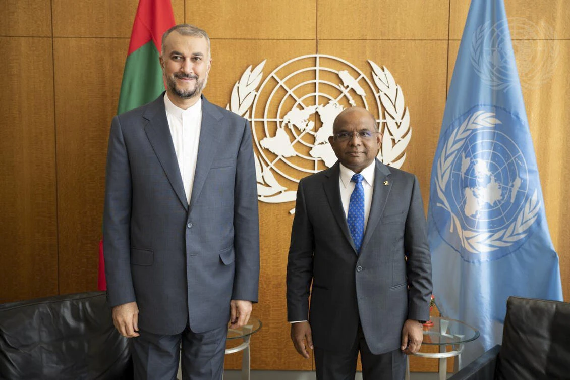 United Nations General Assembly President Abdulla Shahid, right, meets with Iran's Foreign Minister Hossein Amir Abdollahian, during the 76th session of the United Nations General Assembly, Thursday, Sept. 23, 2021, at UN headquarters. (AP)