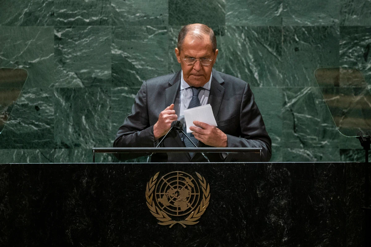 Russia's Foreign Minister Sergei Lavrov collects his notes after addressing the 76th Session of the UN General Assembly in New York City on Sept. 25, 2021. (REUTERS/Eduardo Munoz/Pool)