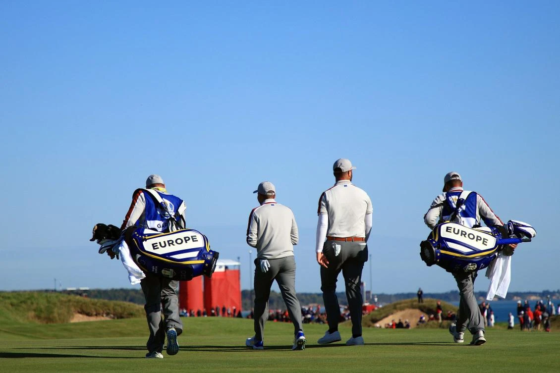 Sergio Garcia, left, and Jon Rahm of team Europe during Saturday morning of the 43rd Ryder Cup at Whistling Straits on Sept. 25, 2021 in Kohler, Wisconsin. (Getty Images/AFP)