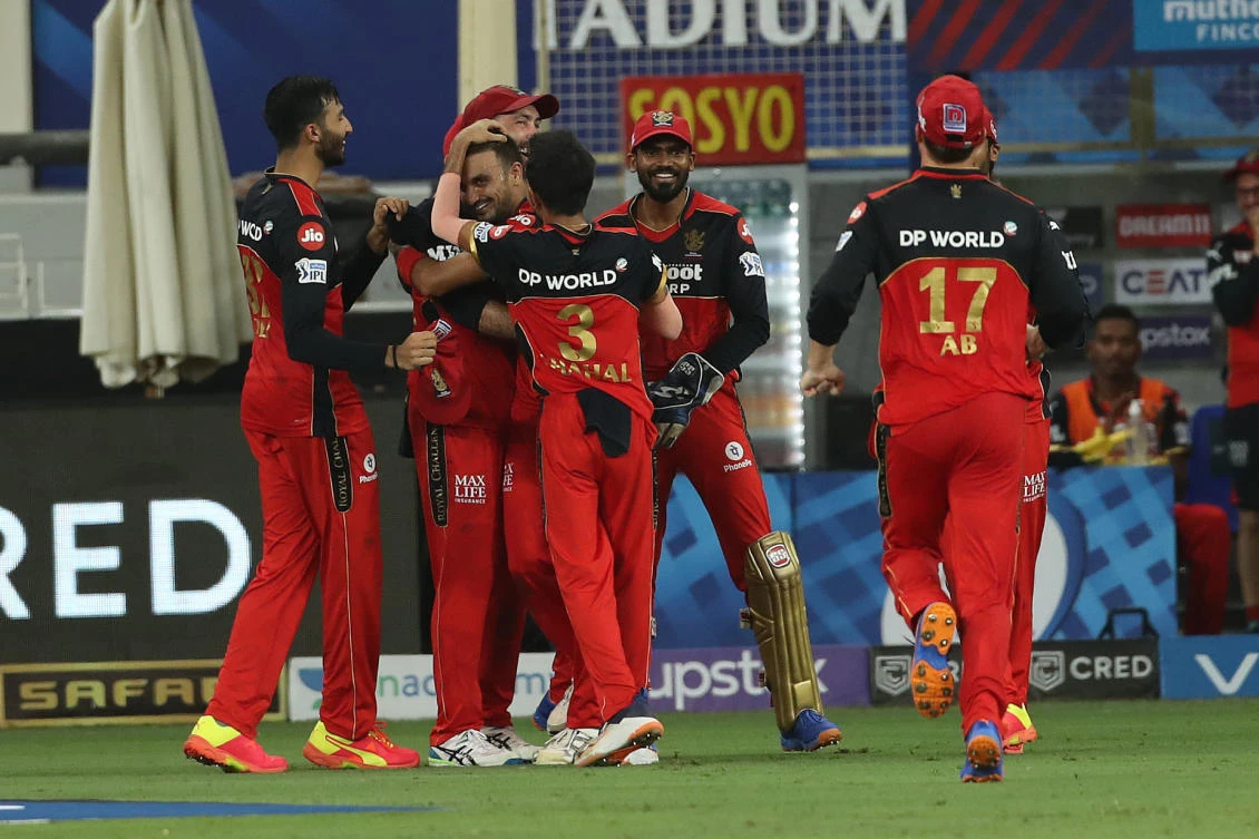 The Royal Challengers Bangalore celebrate a hat-trick by Harshal Patel. (Indian Premier League)
