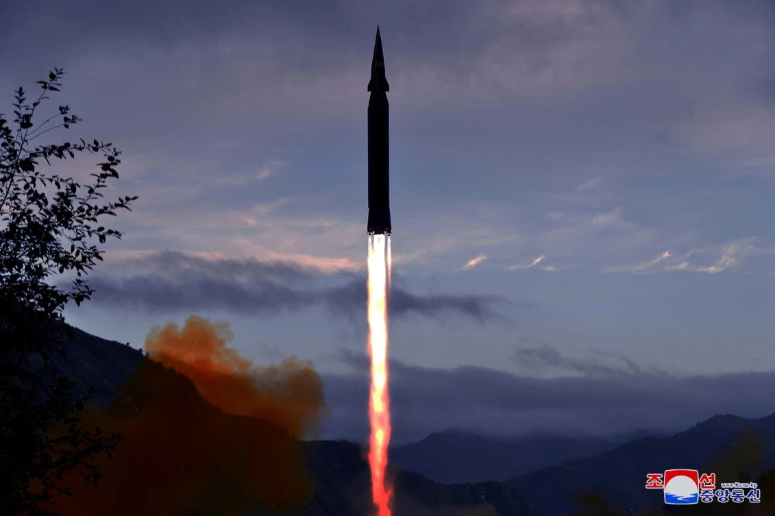 The newly developed hypersonic missile Hwasong-8 is test-fired in Toyang-ri, Ryongrim County of Jagang Province, North Korea. (Korean Central News Agency via Reuters)
