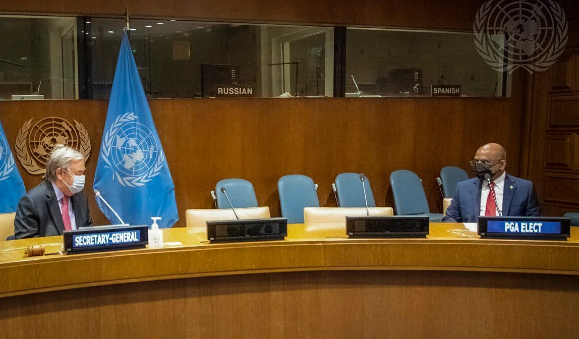 UN Secretary-General Antonio Guterres, left, meets with Abdulla Shahid, president-elect of the S76th Session of the UN General Assembly, on Sept. 14, 2021 at UN headquarters. (UN Photo via AP)
