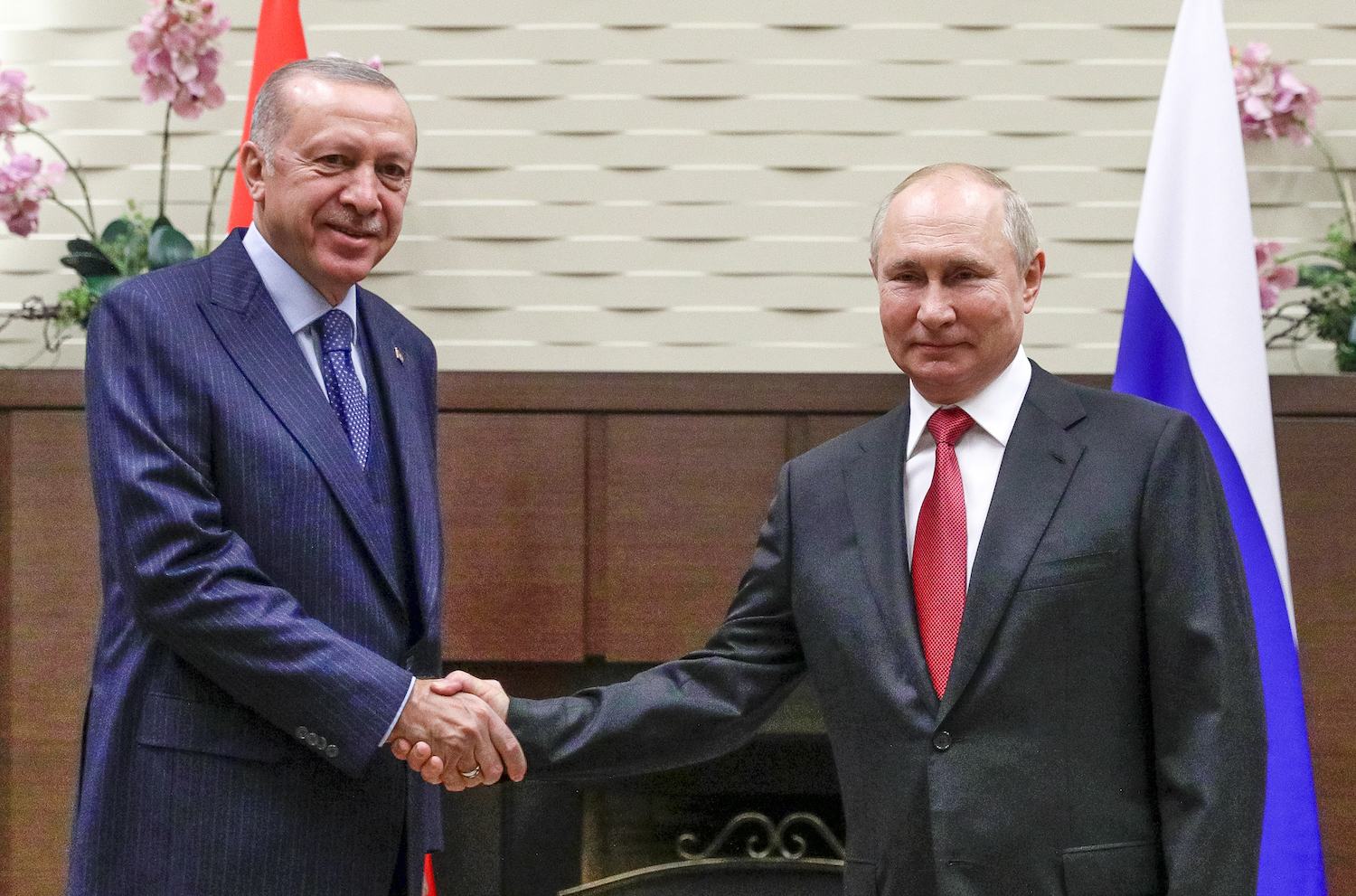 Russian President Vladimir Putin, right, and Turkish President Recep Tayyip Erdogan shake hands during their meeting in the Bocharov Ruchei residence in the Black Sea resort of Sochi, Russia, Wednesday, Sept. 29, 2021. (AP)