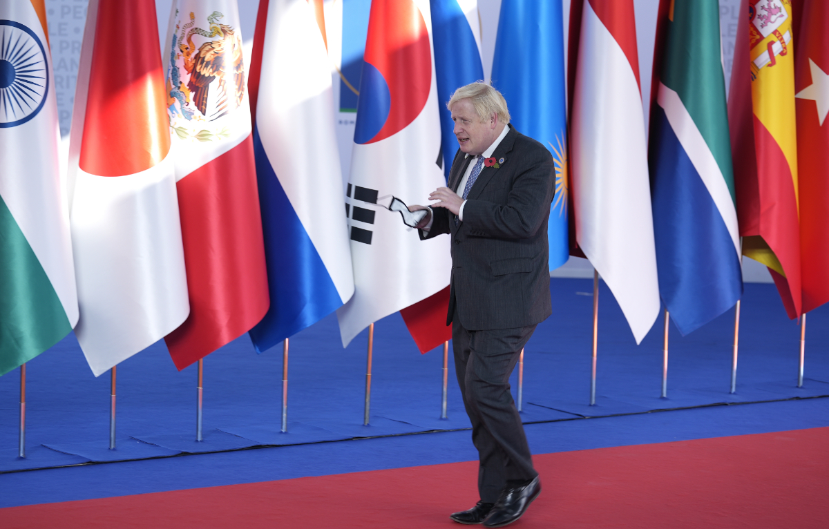 British Prime Minister Boris Johnson arrives at the La Nuvola conference center for the G20 summit in Rome, Saturday, Oct. 30, 2021. (AP)