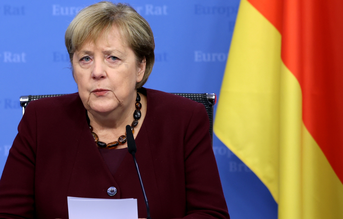 Germany's Chancellor Angela Merkel speaks during a news conference at the end of the second day of a European Union leaders meeting in Brussels, Belgium October 22, 2021. (Reuters)
