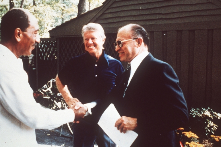 Egyptian President Anwar Sadat, U.S. President Jimmy Carter and Israeli PM Menachem Begin at Camp David, Maryland, Sept. 1978. (AP Photo)